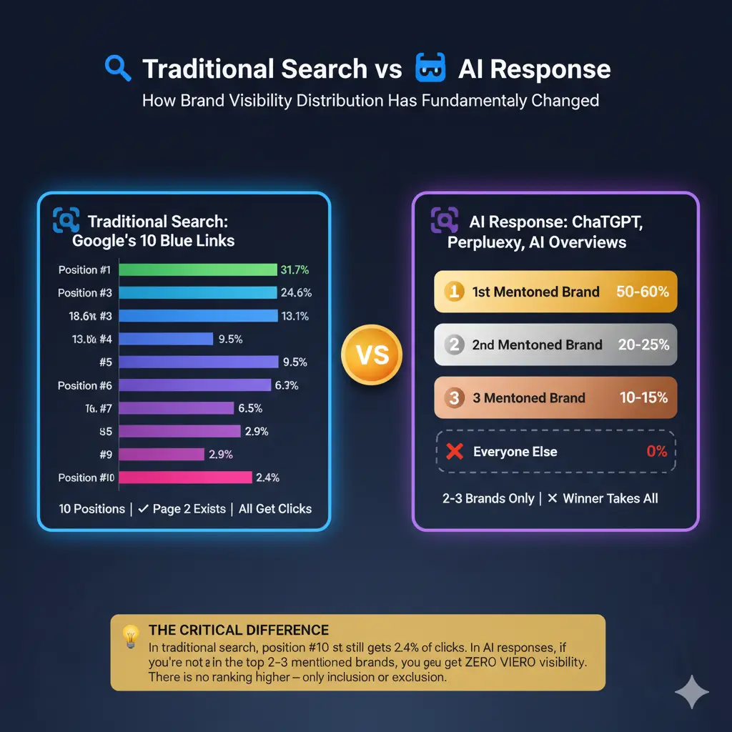Traditional Search vs AI Response brand visibility comparison infographic